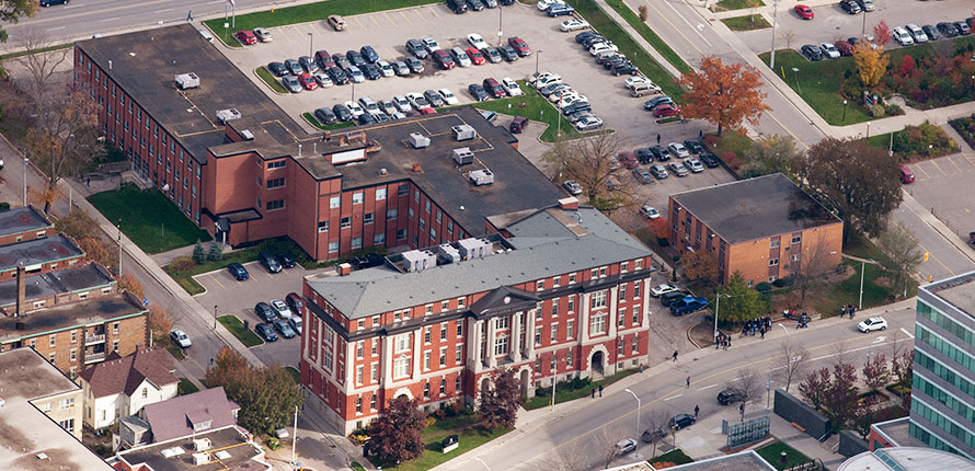 Aerial view of the Lyle S. Hallman Faculty of Social Work building