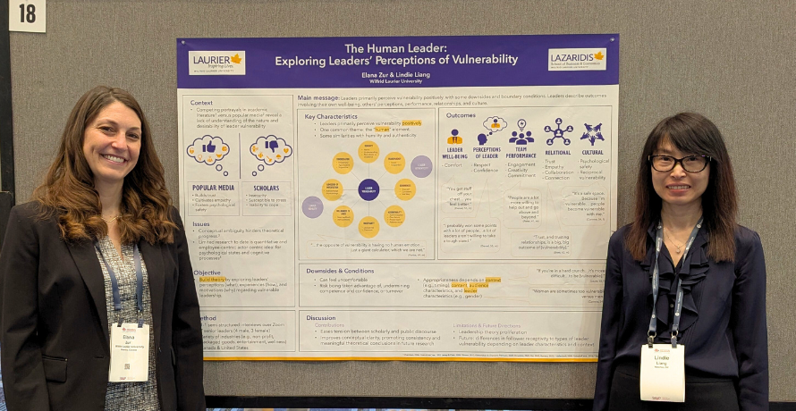 Elana with PhD supervisor, Lindie Liang with research poster titled "The Human Leader: Exploring Leaders' Perceptions of Vulnerability"