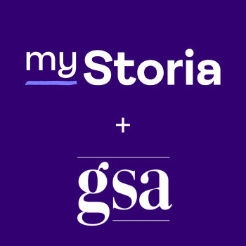 myStoria logo + gsa logo on purple background