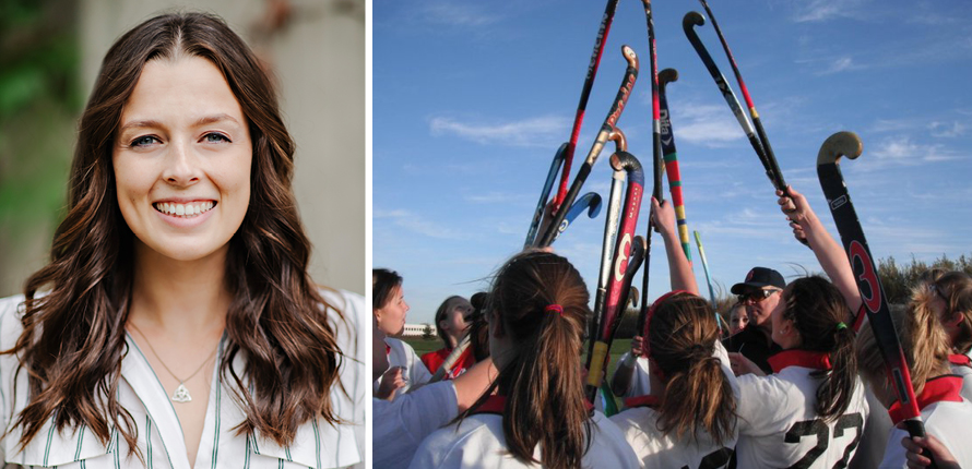 Headshot of Taylor Coleman beside photo of field hockey team