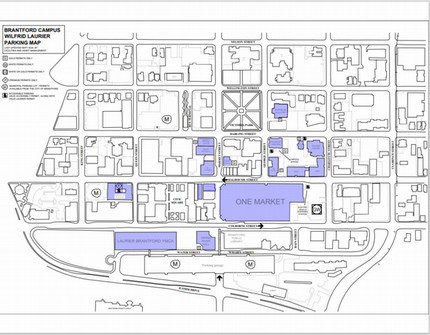 The image below provides spring and summer parking locations on the Brantford campus.