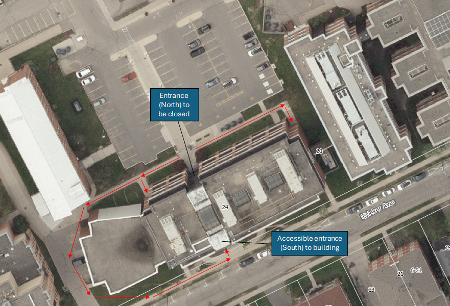 the map displays the location of the north entrance of the Bricker Academic building that will be closed, and outlines the alternate entrances, the ide entrances on the north side of the building and the accessible entrance on the south side of the building, accessed from Bricker Ave.