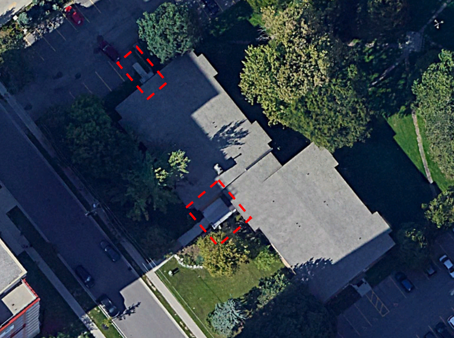 The image displays the LAMA building and outlines the location of the north and west entrances that will be impacted by the construction work from May 12th to May 30