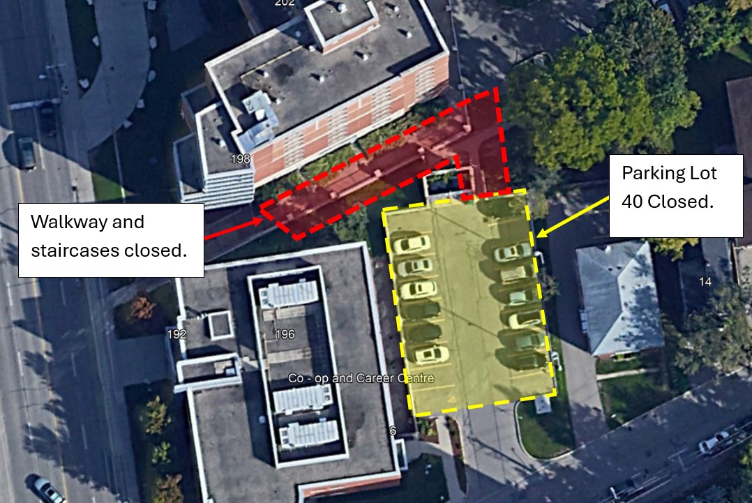 the map displays the closed lot 40 parking area and the closed walkway and staircase area between King St Residence and Lot 40