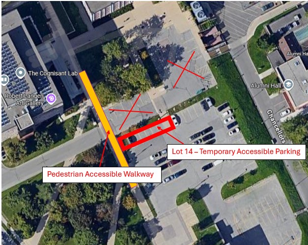 The map below displays the closed Lot 42 accessible parking area by DAWB and outlines the temporary accessible parking spaces in the adjacent Gold Permit Lot 14.