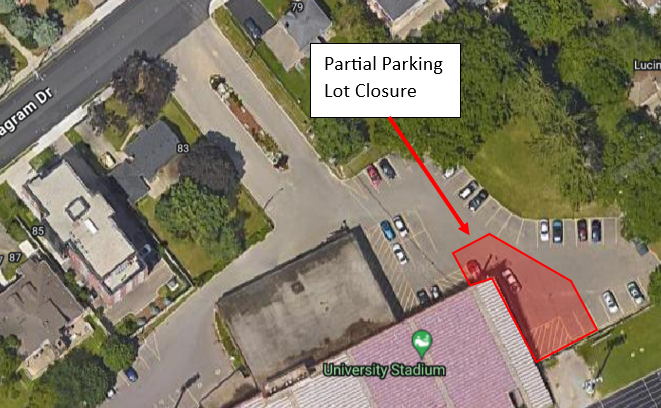 The map outlines the closed North-East portion of Lot 9 by the University Stadium building.