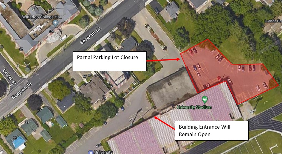 the map displays the parking lot closure area for the north east portion of parking lot 9 at University Stadium from June 23rd to June 27