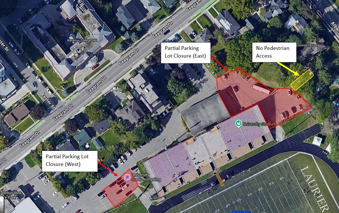 The map outlines the closures that will be in place from September 10th to September 26, 2025 in Lot 9 (University Stadium Building).