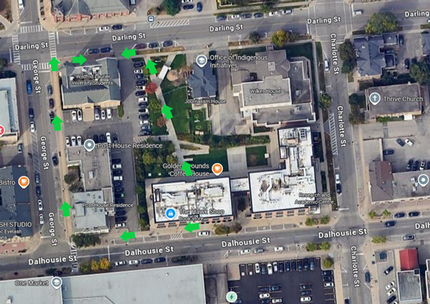 The image below highlights the path to the Student Centre from the Research and Academic Centre.  