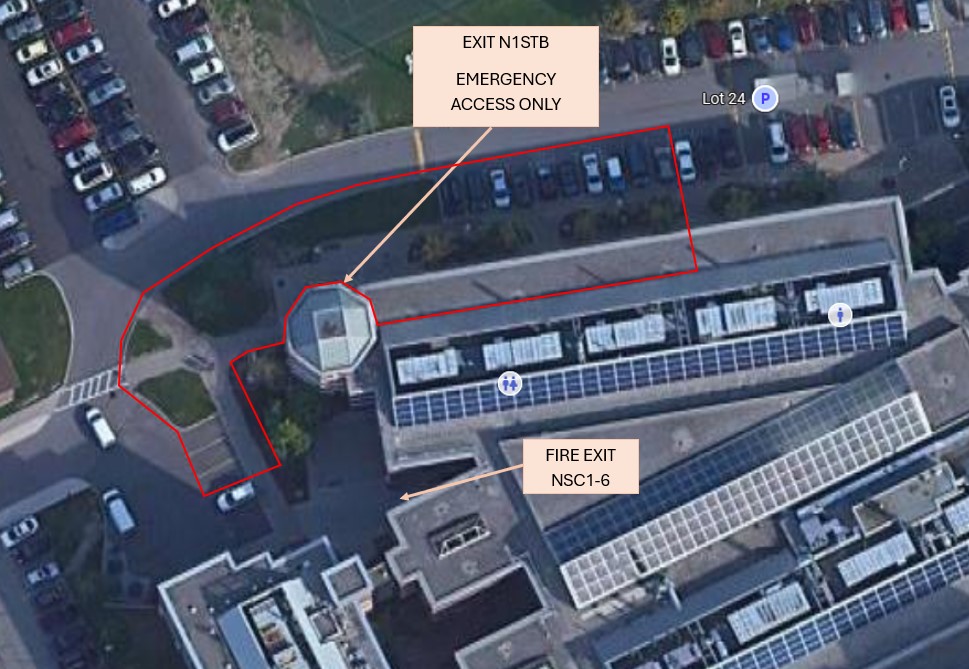 The image highlights the temporary closures of sidewalk and Lot 24 around the Science Building, along with alternate entry and exit routes.