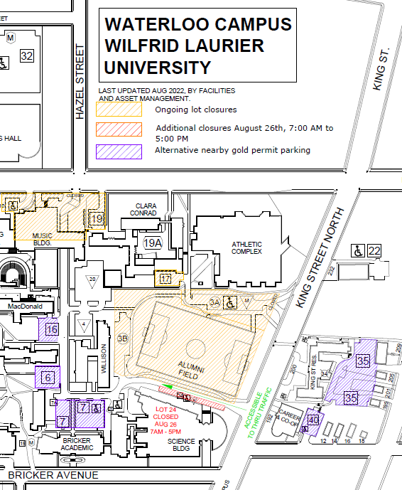 map displaying closure of lot 24 and providing alternate gold permit parking lots