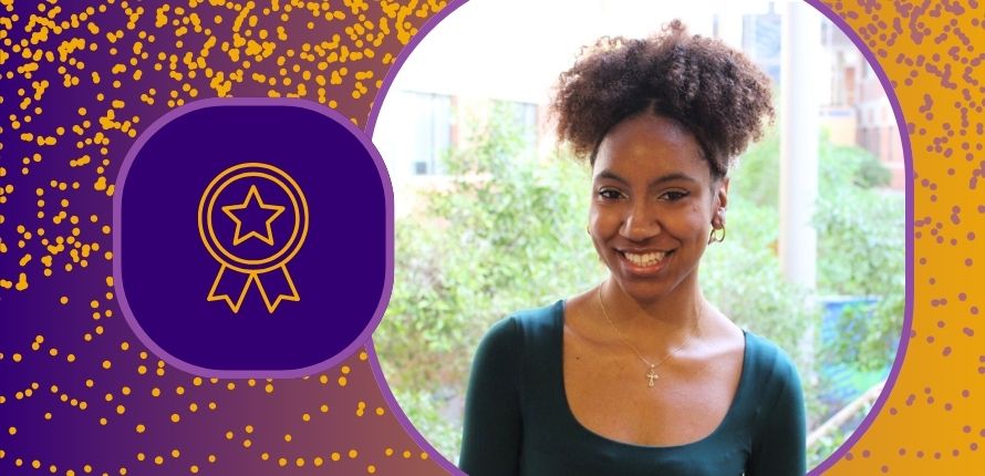 Kayla Burton inset on a purple and gold background with an award icon.