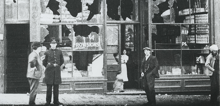 Broken glass in Chinatown shop