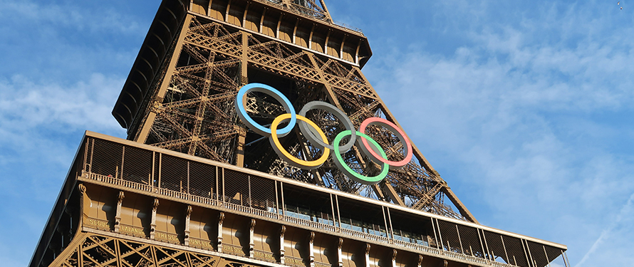 Olympic rings on the Eiffel Tower.