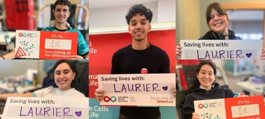 A collage of people holding signs from Canadian Blood Services.