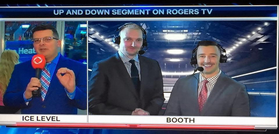 A screen capture of Dan Polischuk (centre) reporting on a Kitchener Rangers hockey game