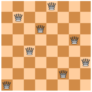 an 8x8 chessboard with eight queens