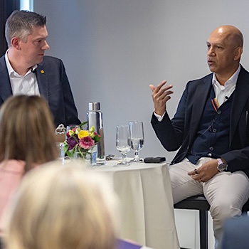 Scott Dowding, president of SportChek, and Laurier Chancellor Nadir Patel