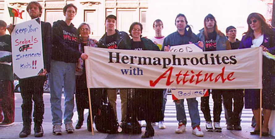 Morgan Holmes and others holding a banner that says "Hermaphrodites with Attitude" at a protest in Boston